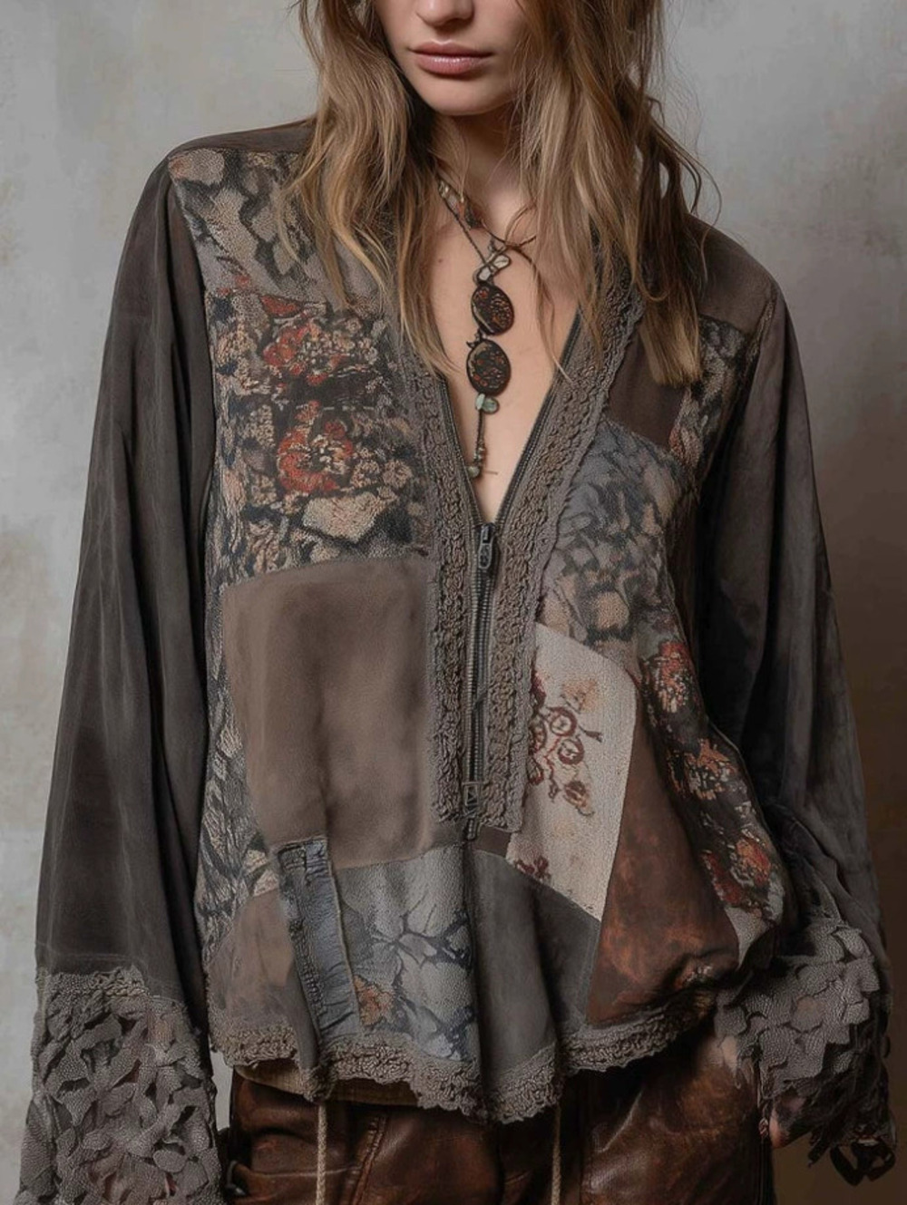 ZARA Independent Vintage Distressed Print Long Sleeve Casual Top Unique